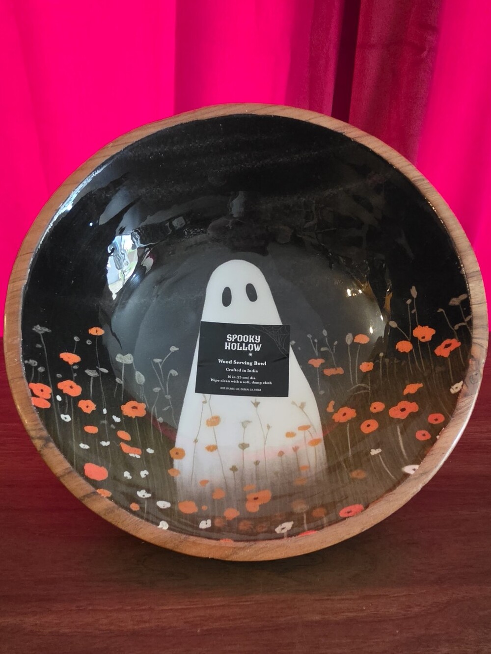 Spooky Hollow Ghost Enameled Wood Serving Bowl - Black & Orange Floral